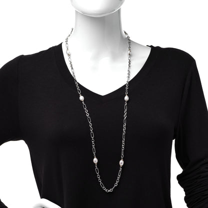 David Yurman Sterling Silver 18K Yellow Gold Baroque Pearl Long Figaro Chain Necklace 2 of 4