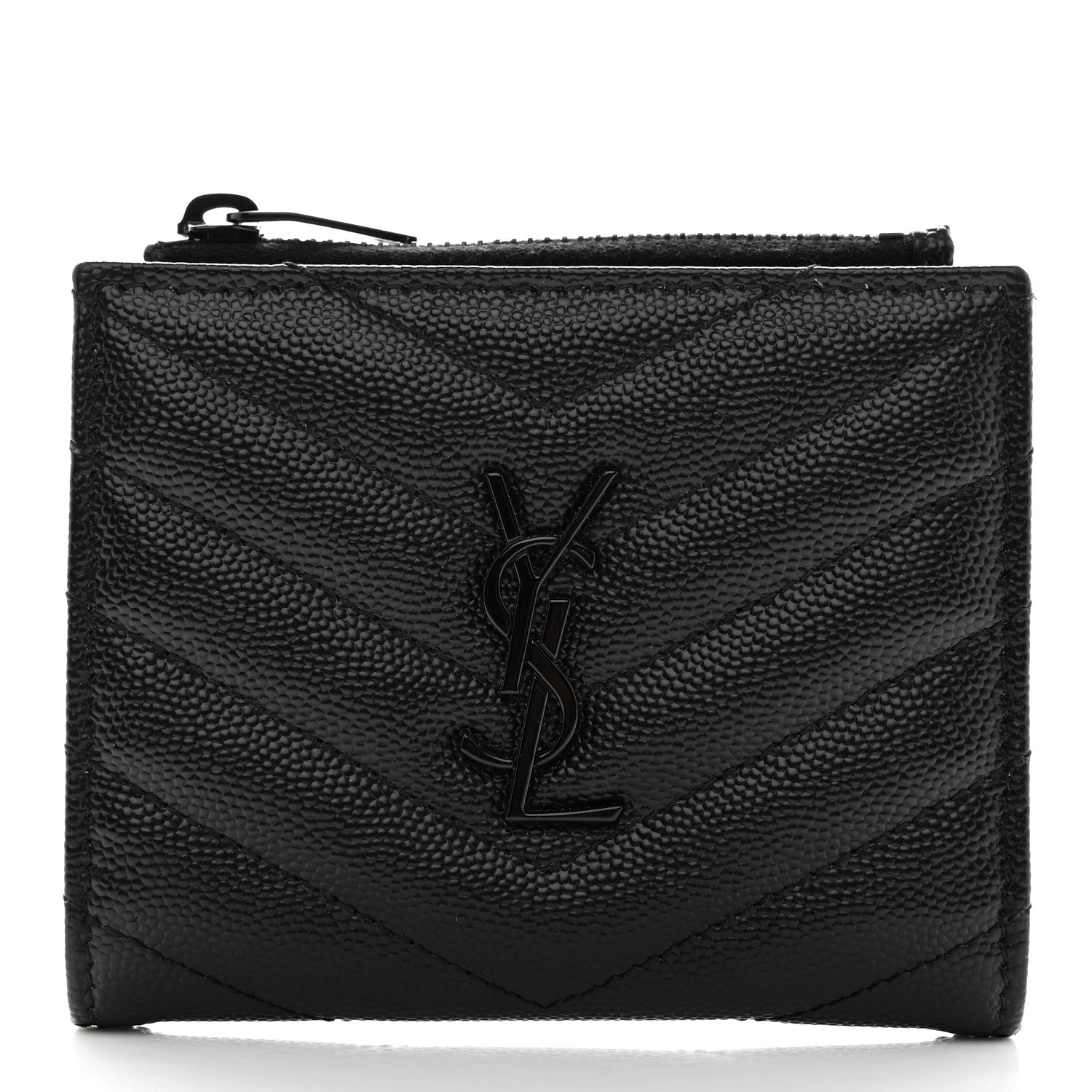Saint Laurent Grain De Poudre Matelasse Chevron Monogram Zipped Card Case Black 1 of 7