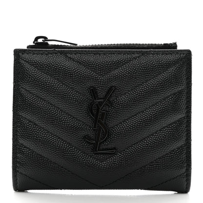 Saint Laurent Grain De Poudre Matelasse Chevron Monogram Zipped Card Case Black 1 of 7