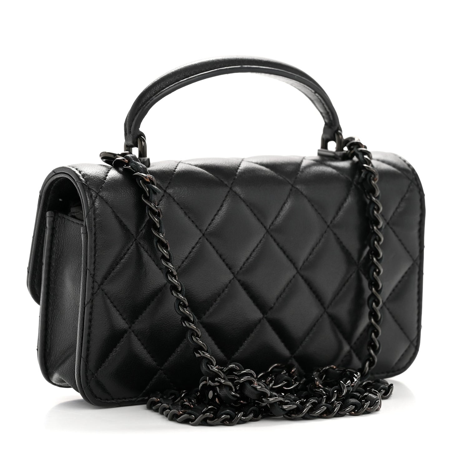 Lambskin Quilted Flap Phone Holder With Chain So Black