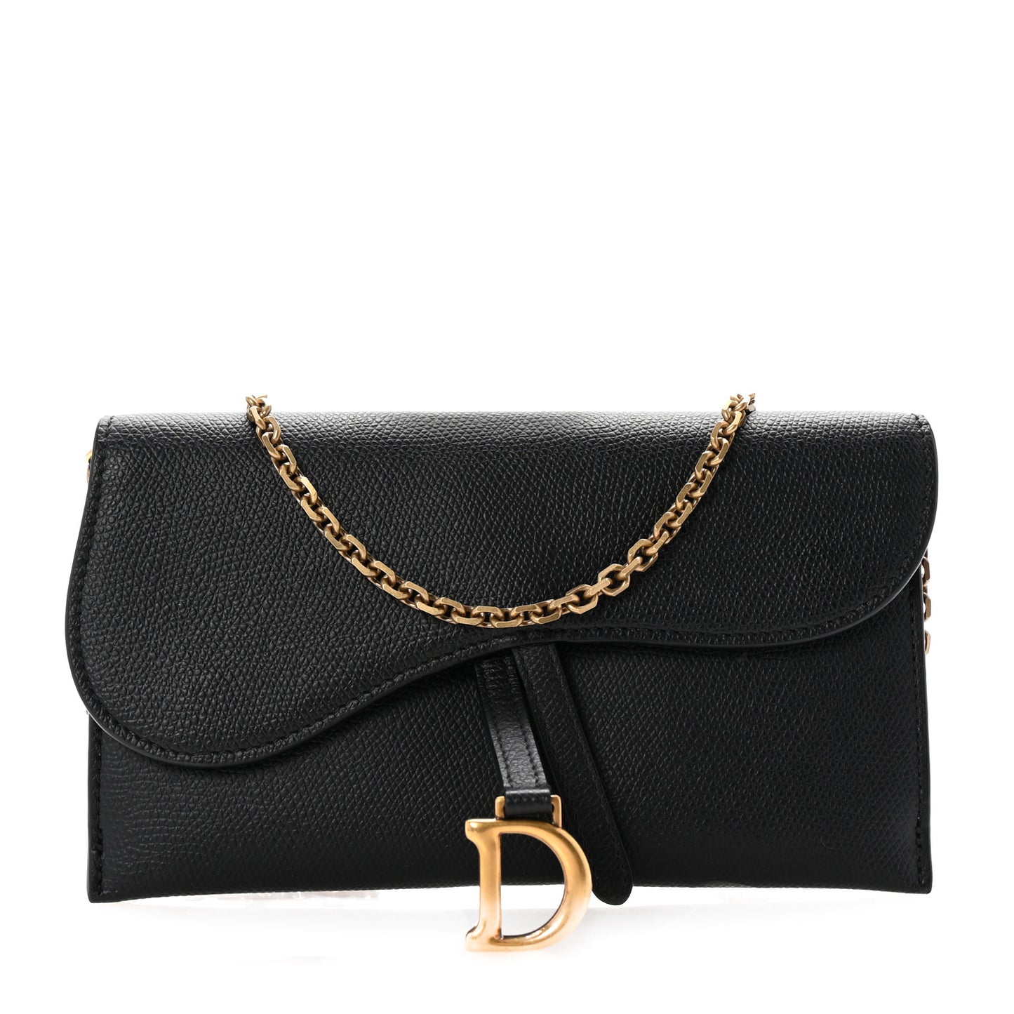 Grained Calfskin Saddle Chain Wallet Pouch Black