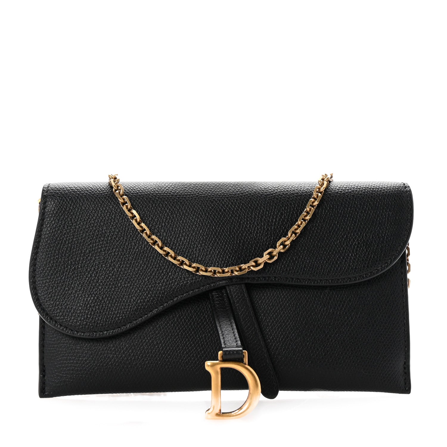 Christian Dior Grained Calfskin Saddle Chain Wallet Pouch Black 1 of 9
