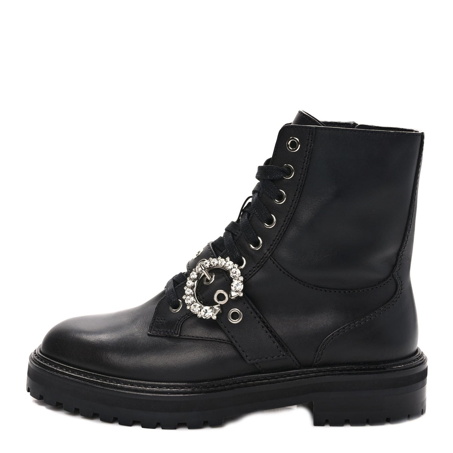 Calfskin Crystal Embellished Cora Flat Combat Boots 40 Black