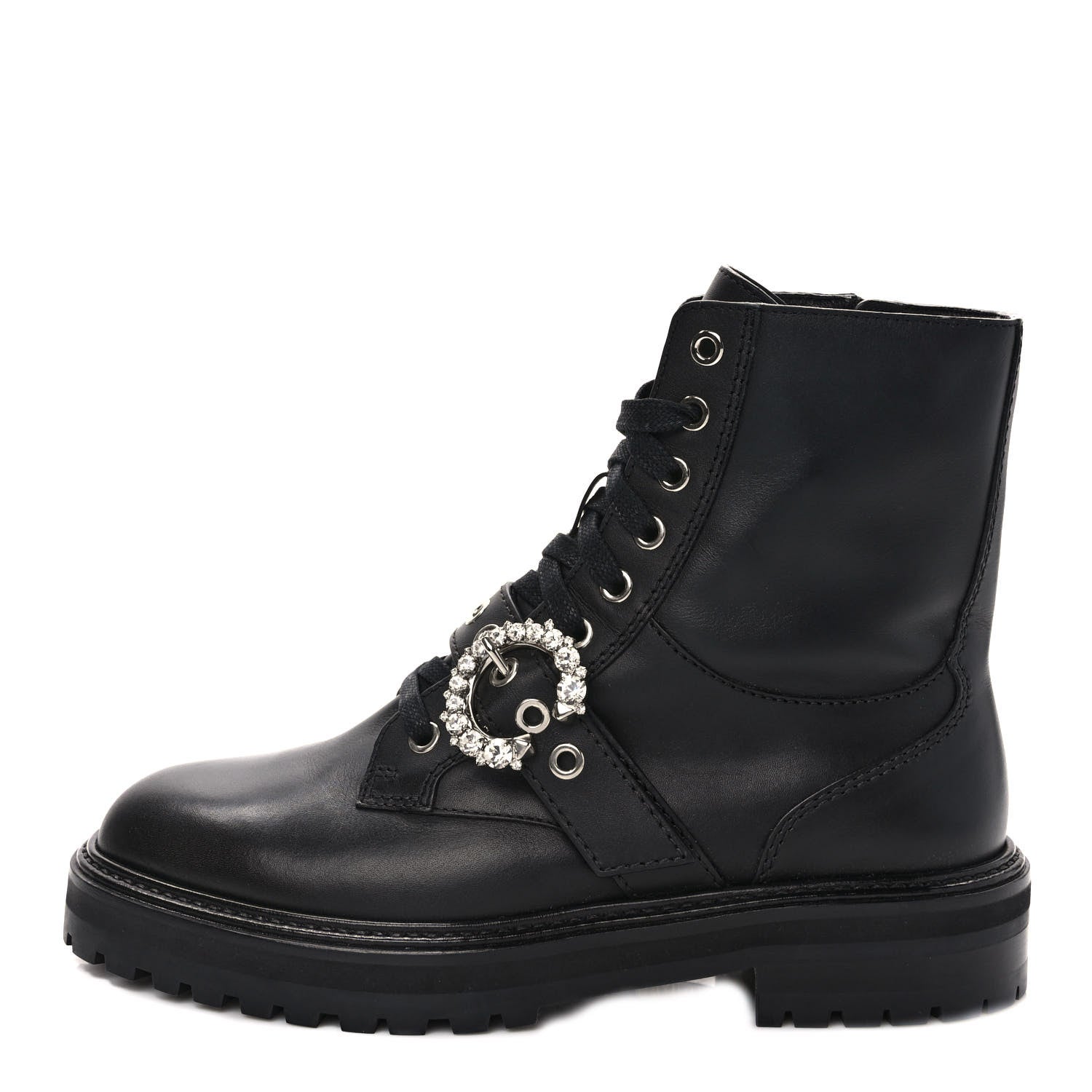 Jimmy Choo Calfskin Crystal Embellished Cora Flat Combat Boots 40 Black 1 of 7