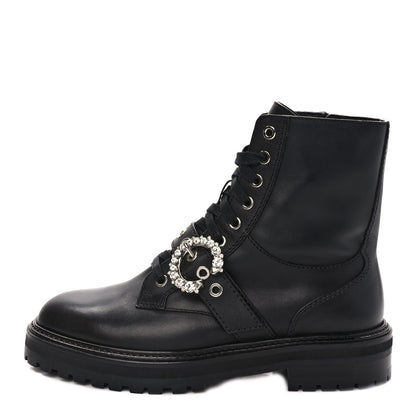 Jimmy Choo Calfskin Crystal Embellished Cora Flat Combat Boots 40 Black 1 of 7