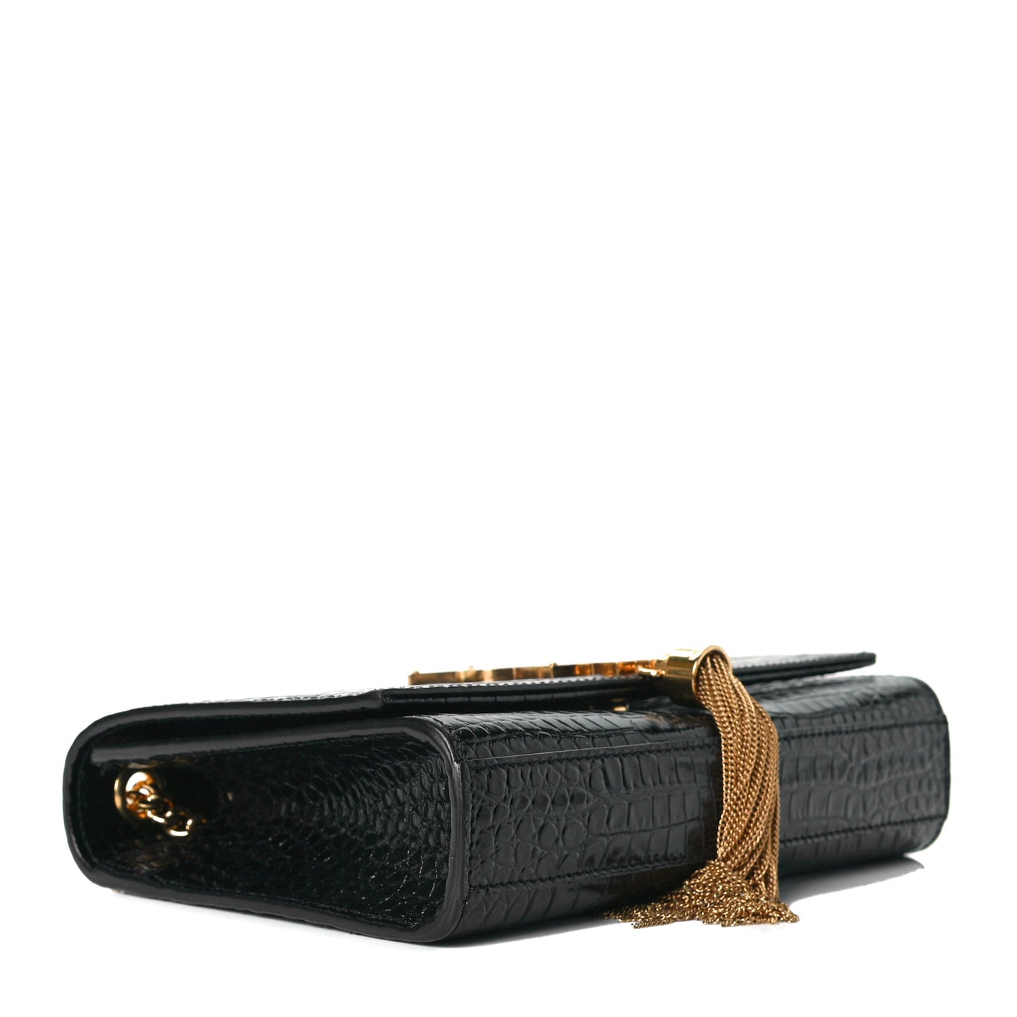 Calfskin Crocodile Embossed Small Classic Monogram Kate Tassel Satchel Black