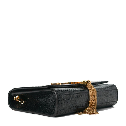 Saint Laurent Calfskin Crocodile Embossed Small Classic Monogram Kate Tassel Satchel Black 3 of 6