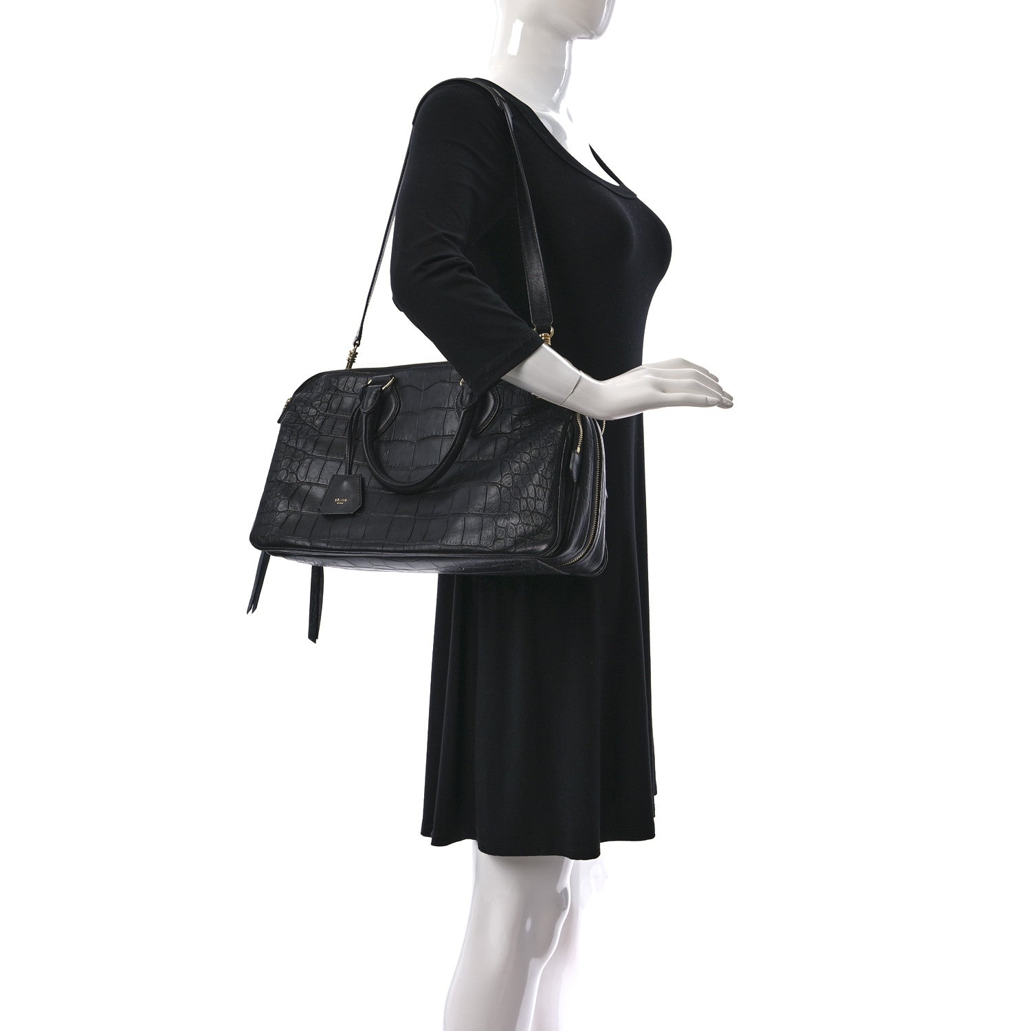 Celine Crocodile Embossed Calfskin Small Triptyque Satchel Black 2 of 11