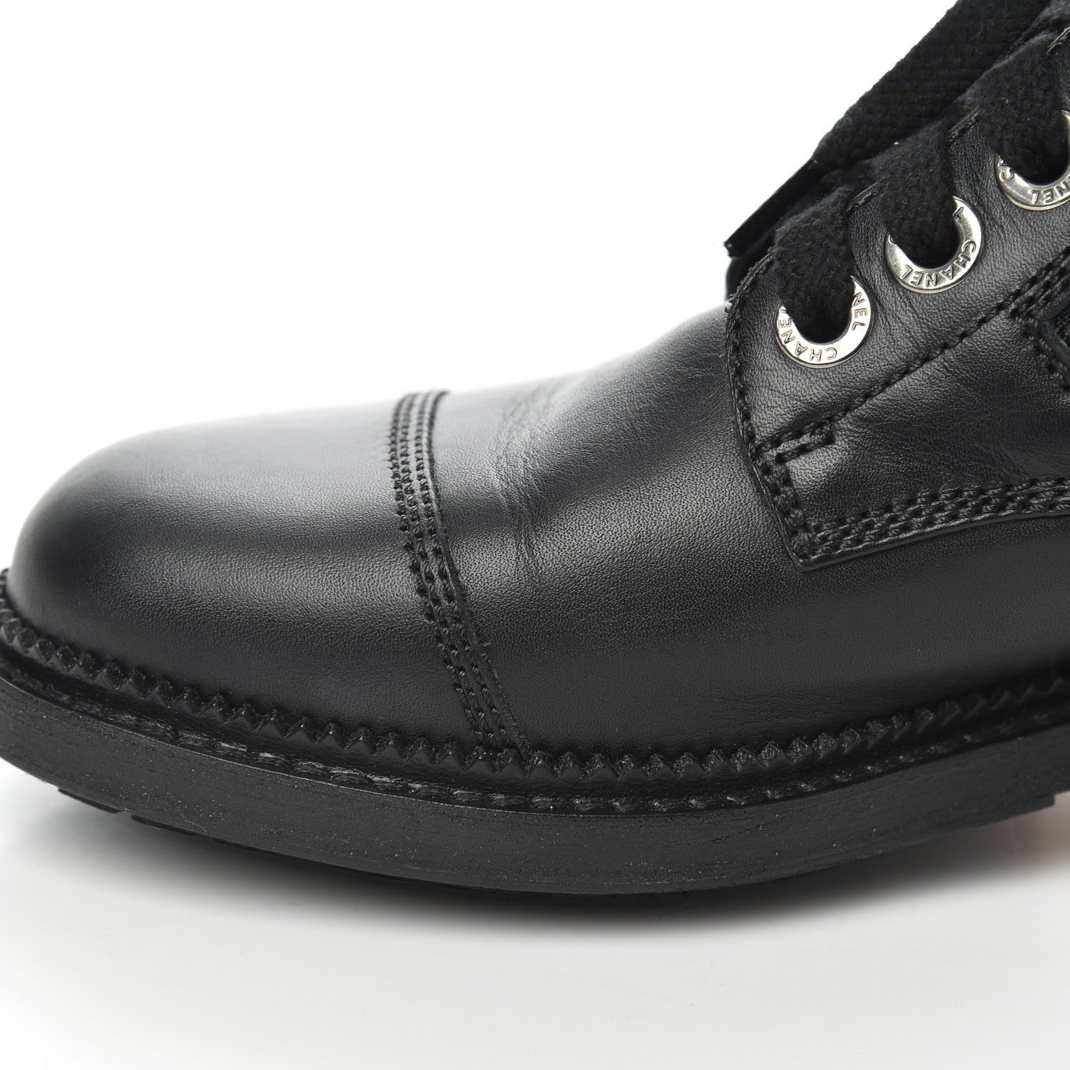Chanel Calfskin Quilted Lace Up Combat Boots 37 Black 9 of 19