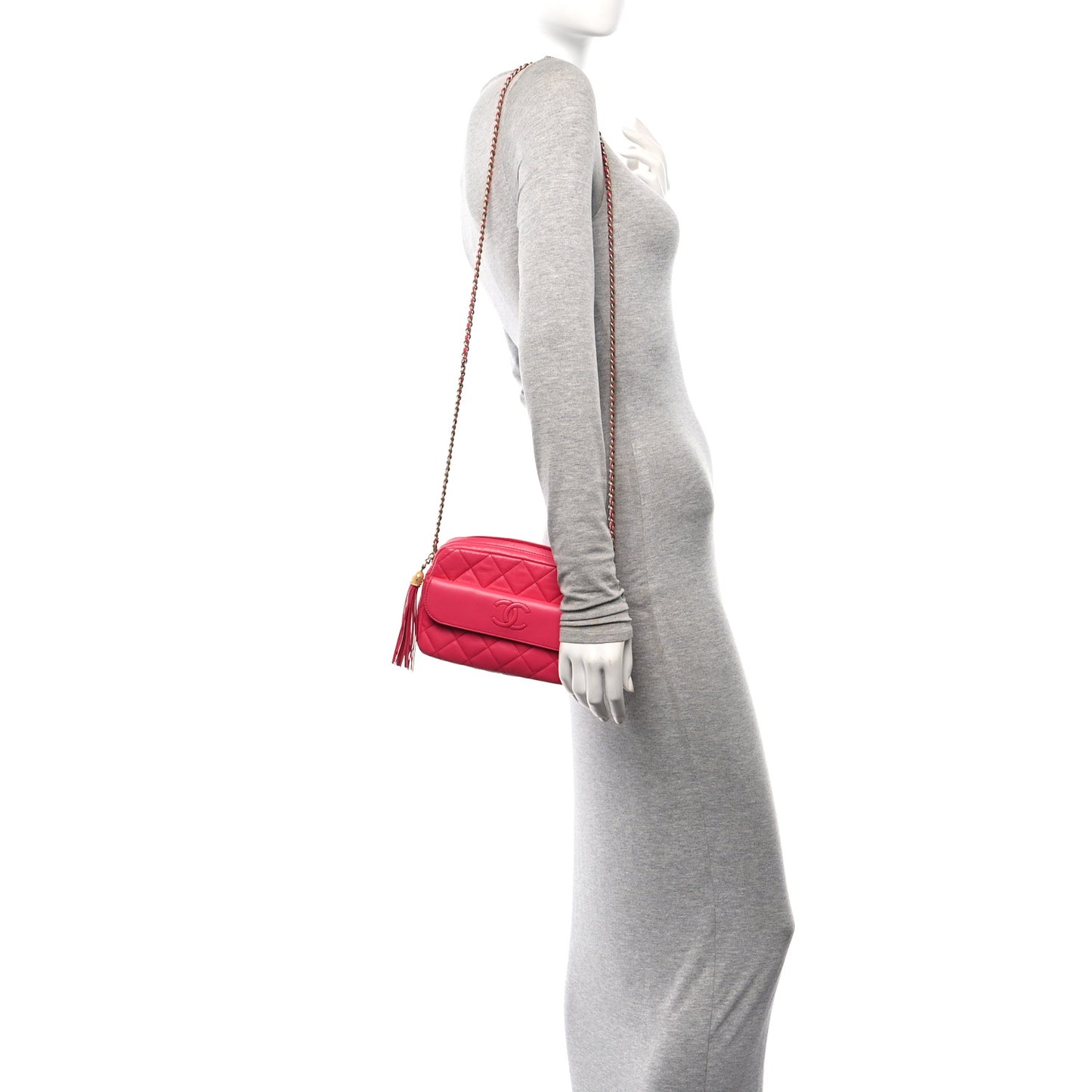 Lambskin Quilted Chain & Tassel Small Camera Case Fuchsia