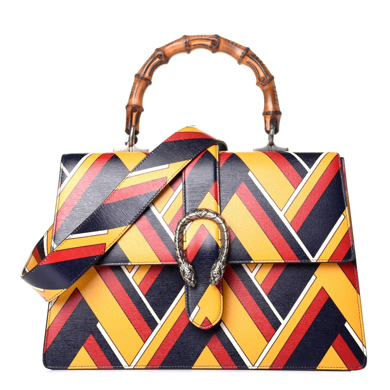 Gucci Calfskin Bamboo Chevron Print Large Dionysus Top Handle Bag Crop Rosso Blue White 1 of 10