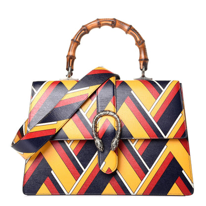 Gucci Calfskin Bamboo Chevron Print Large Dionysus Top Handle Bag Crop Rosso Blue White 1 of 10