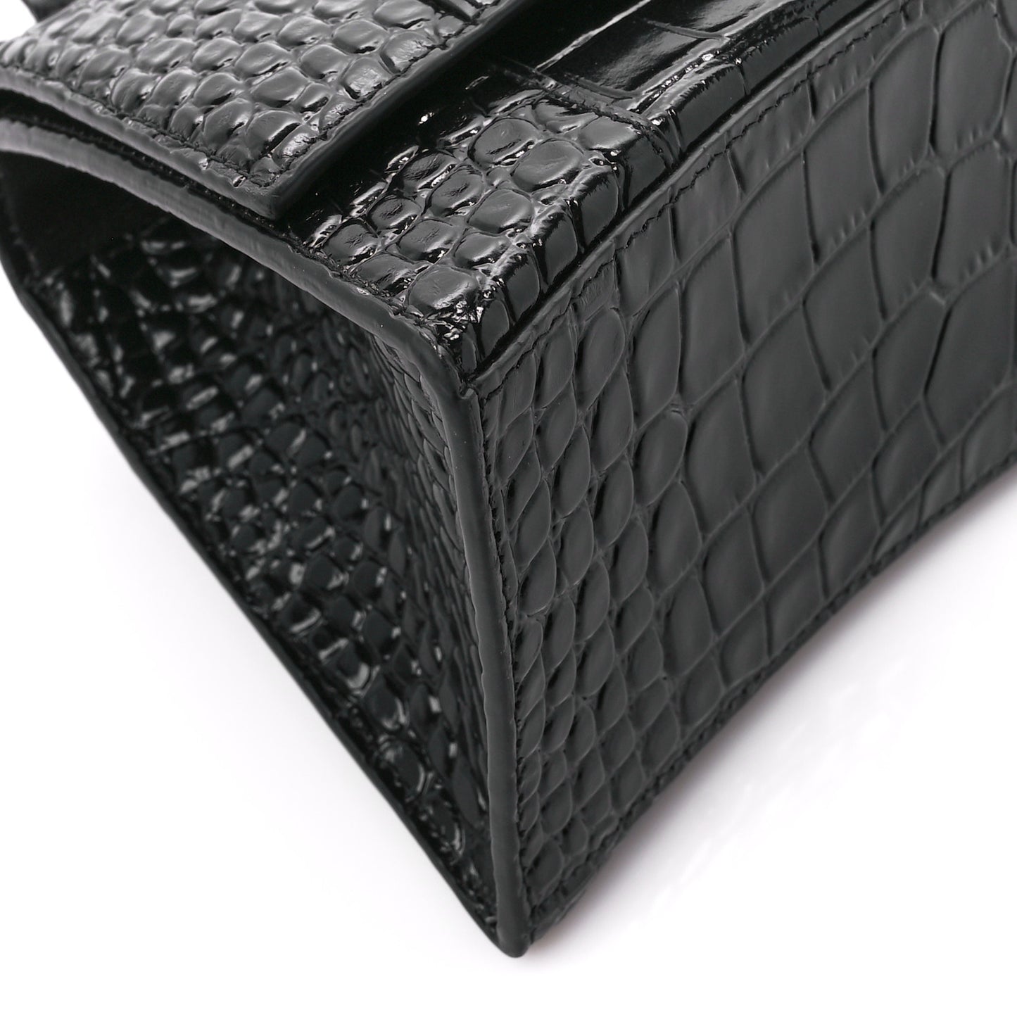 Shiny Calfskin Monochrome Crocodile Embossed Small Hourglass Top Handle Bag Black