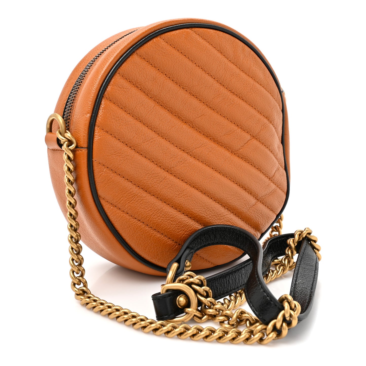 Azalea Calfskin Matelasse Diagonal Mini Torchon GG Marmont Round Shoulder Bag Cognac Black