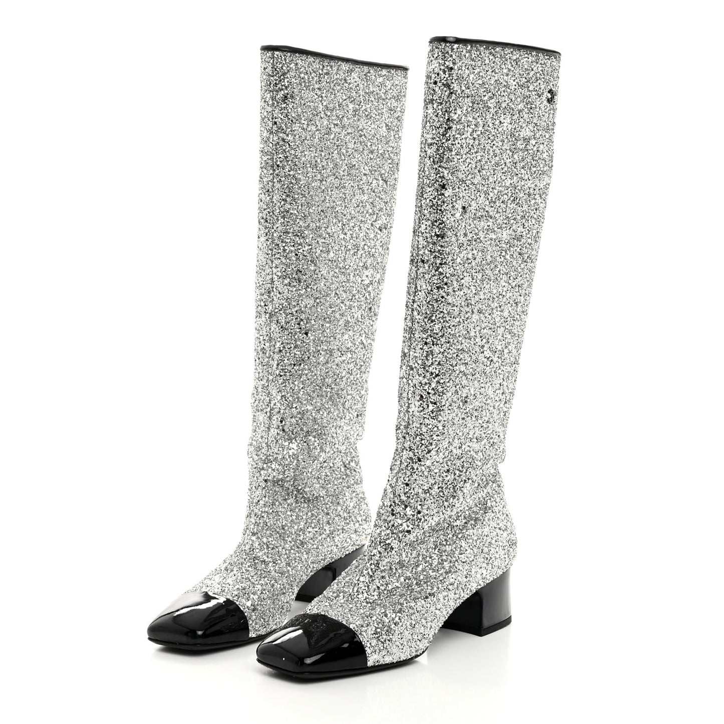 Glitter Patent Calfskin Cap Toe Fantasy High Boots 38 Silver Black