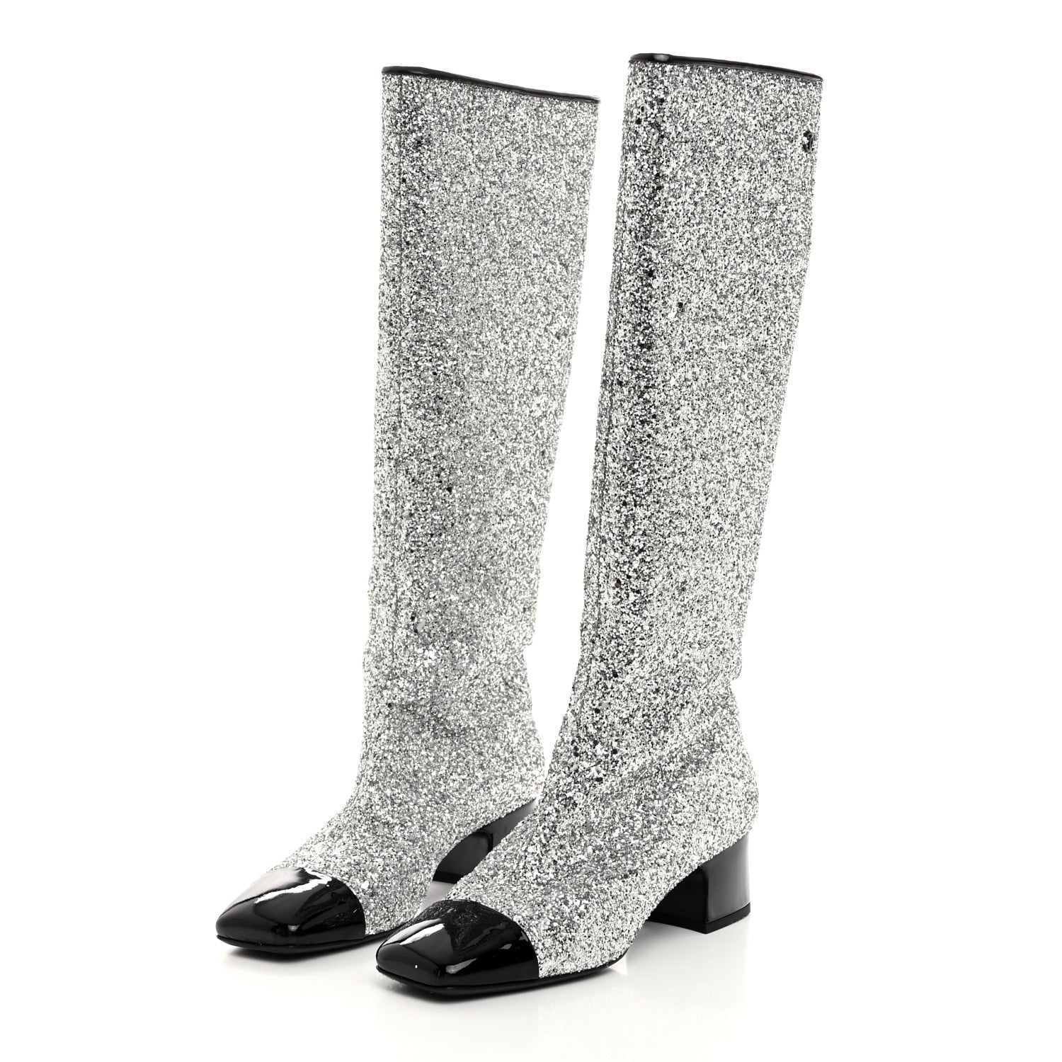 Chanel Glitter Patent Calfskin Cap Toe Fantasy High Boots 38 Silver Black 3 of 9