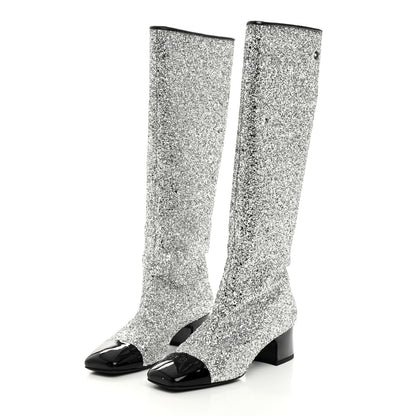 Chanel Glitter Patent Calfskin Cap Toe Fantasy High Boots 38 Silver Black 3 of 9