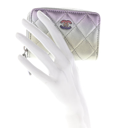 Chanel Gradient Metallic Calfskin Quilted Zip Around Coin Purse Wallet Silver Blue Yellow Purple 2 of 7