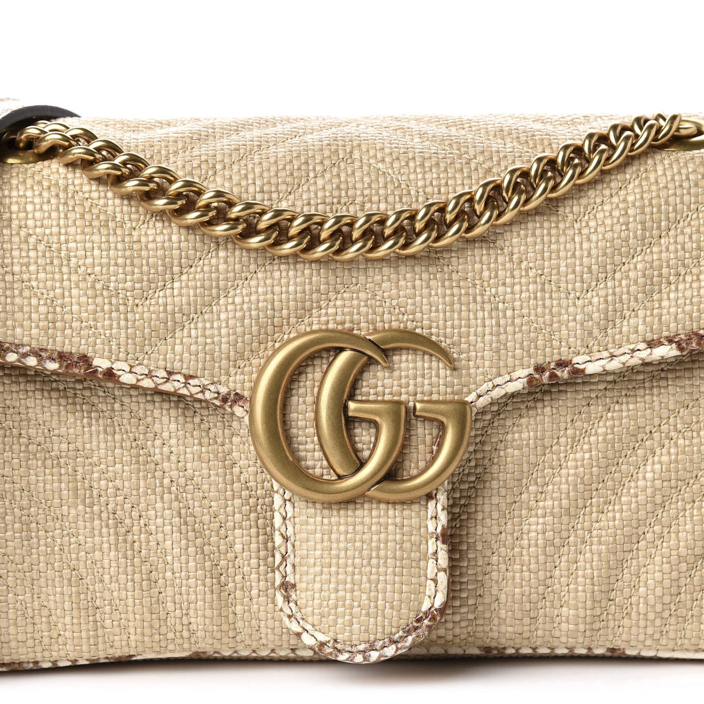 Raffia Elaphe Matelasse Small GG Marmont Shoulder Bag Natural Cream Brown
