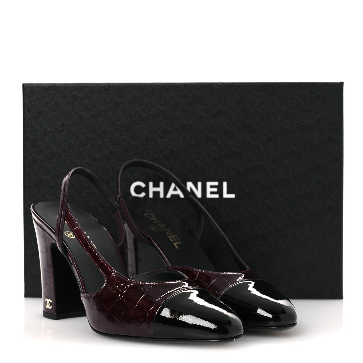 Patent Calfskin Crocodile Embossed Cap Toe CC Slingback 39 Dark Burgundy Black