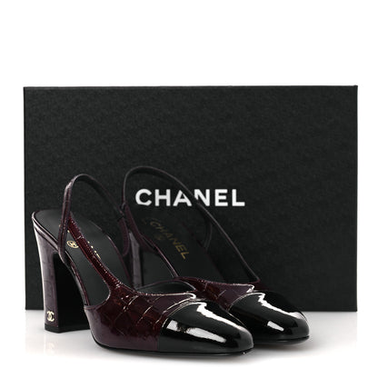 Chanel Patent Calfskin Crocodile Embossed Cap Toe CC Slingback 39 Dark Burgundy Black 13 of 13