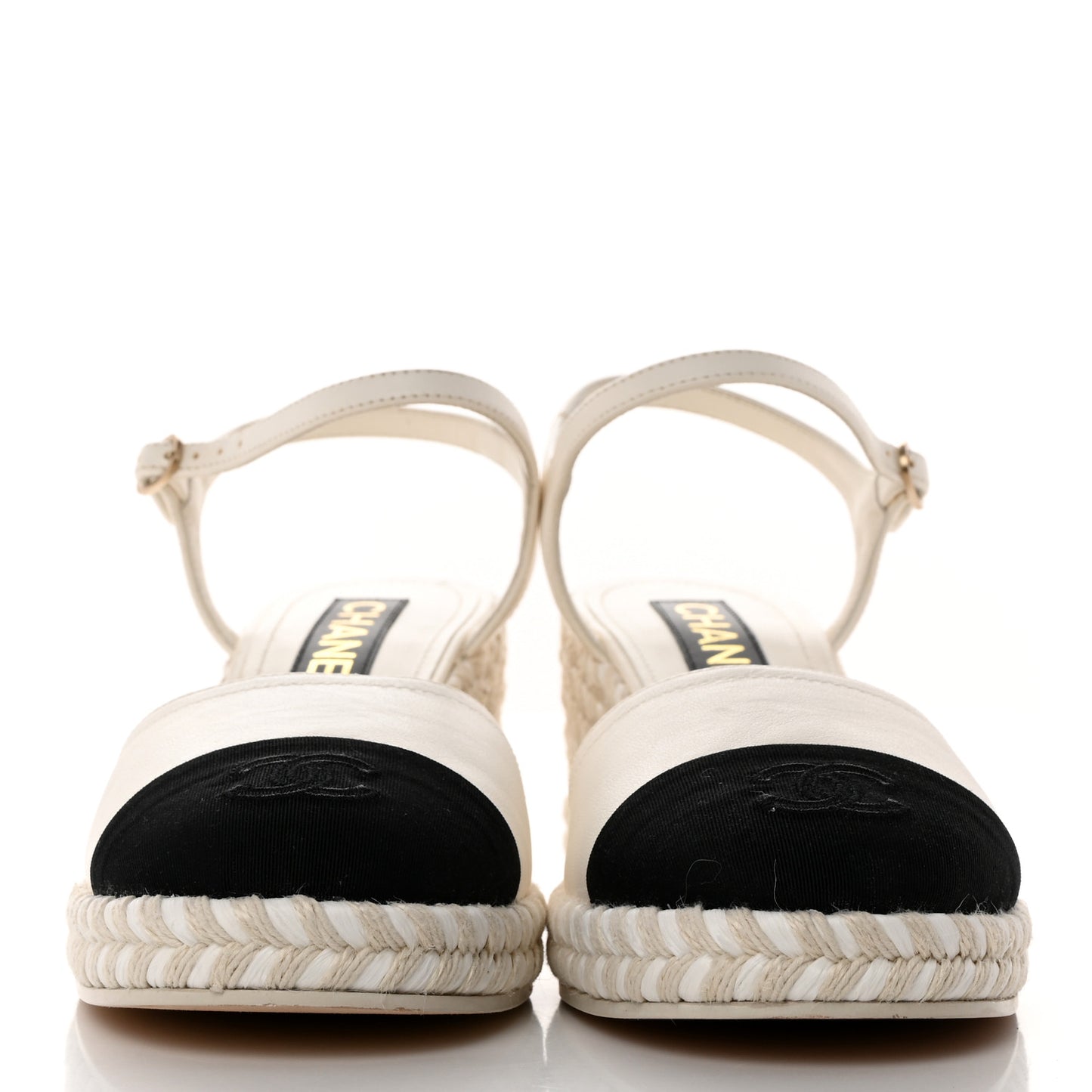 Lambskin Grosgrain CC Espadrilles Wedges 40 White Black