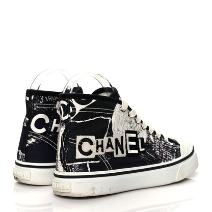 Chanel Printed Fabric High Top Logo Sneakers 37 White Black 4 of 10