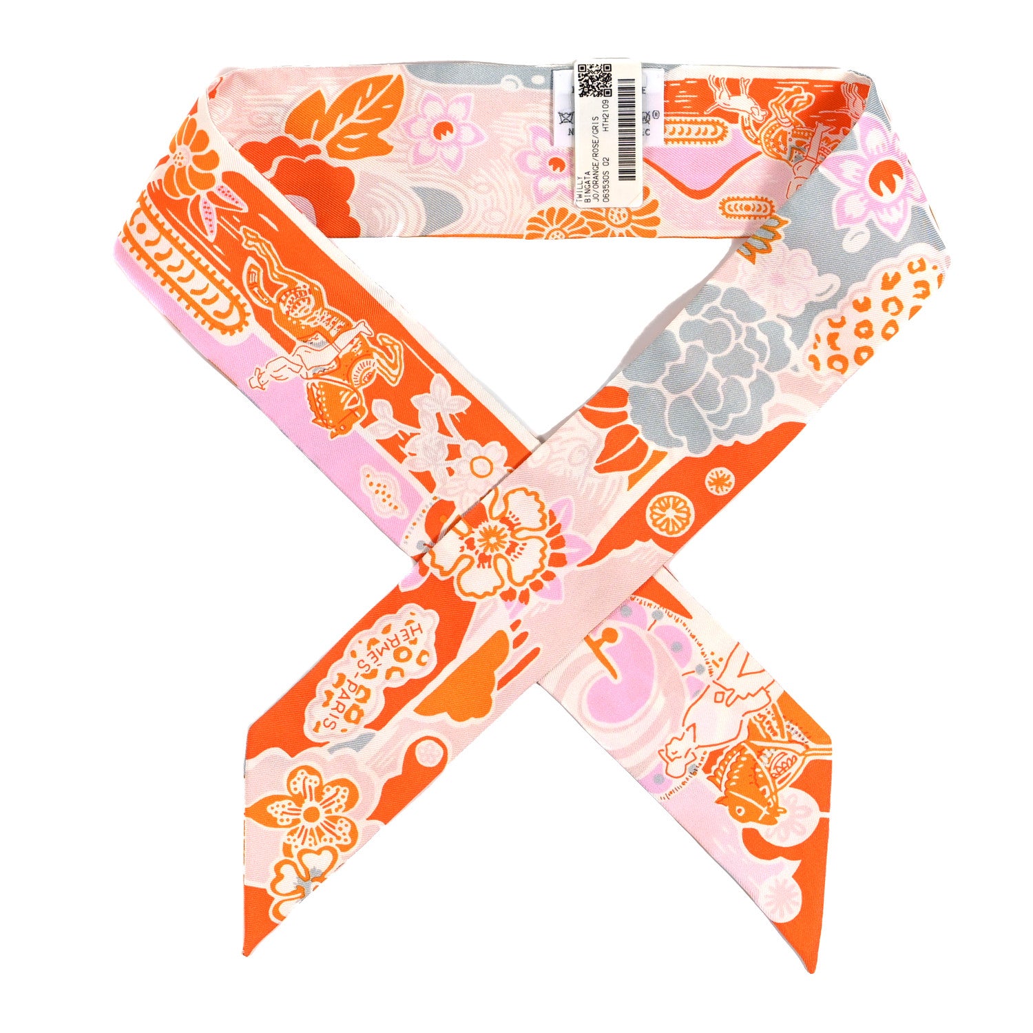 Hermes Silk Bingata Twilly Orange Rose Gris 1 of 4