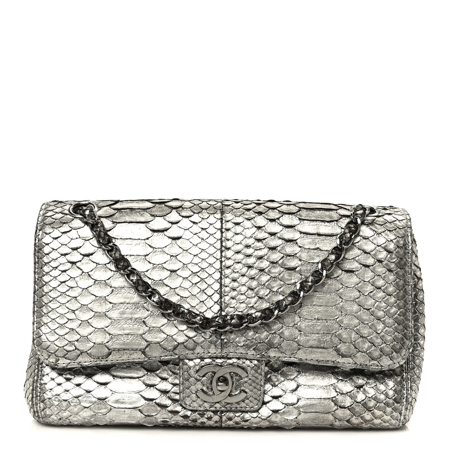 Metallic Snakeskin Medium Single Flap Silver