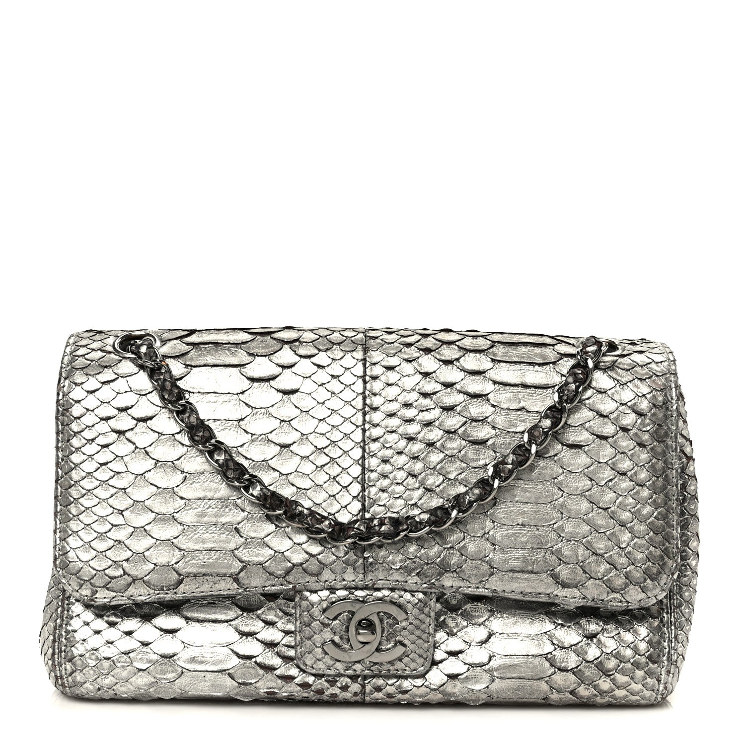 Chanel Metallic Snakeskin Medium Single Flap Silver 1 of 13