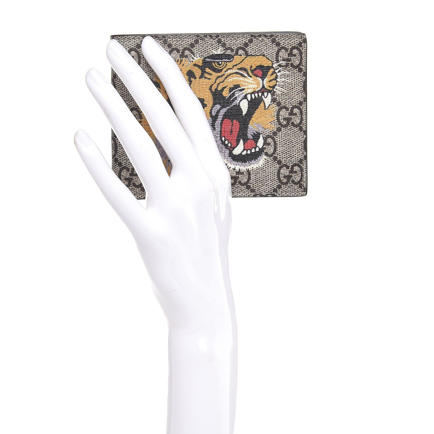 Gucci GG Supreme Monogram Selleria Calfskin Tiger Nice Bi-Fold Wallet Beige Ebony Multicolor Black 2 of 8