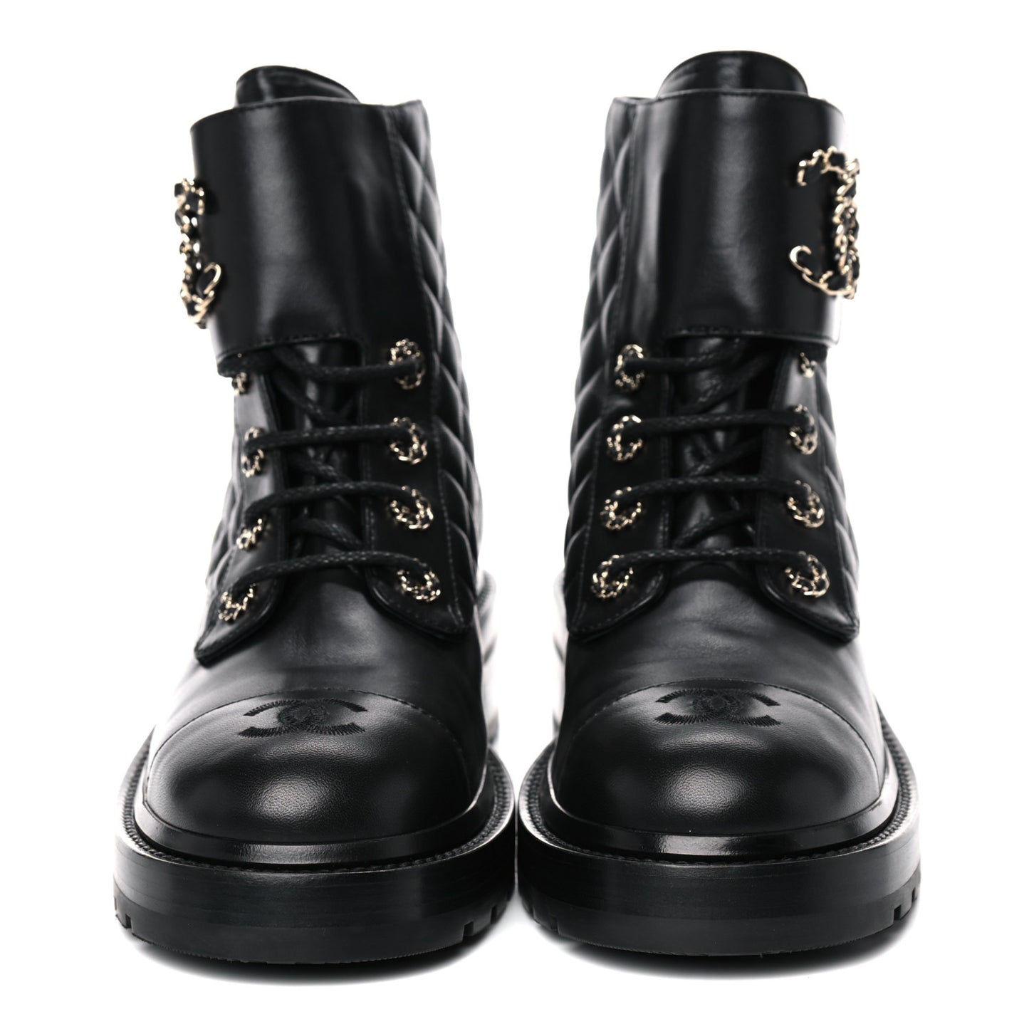 Shiny Lambskin Quilted Lace Up Combat Boots 39.5 Black