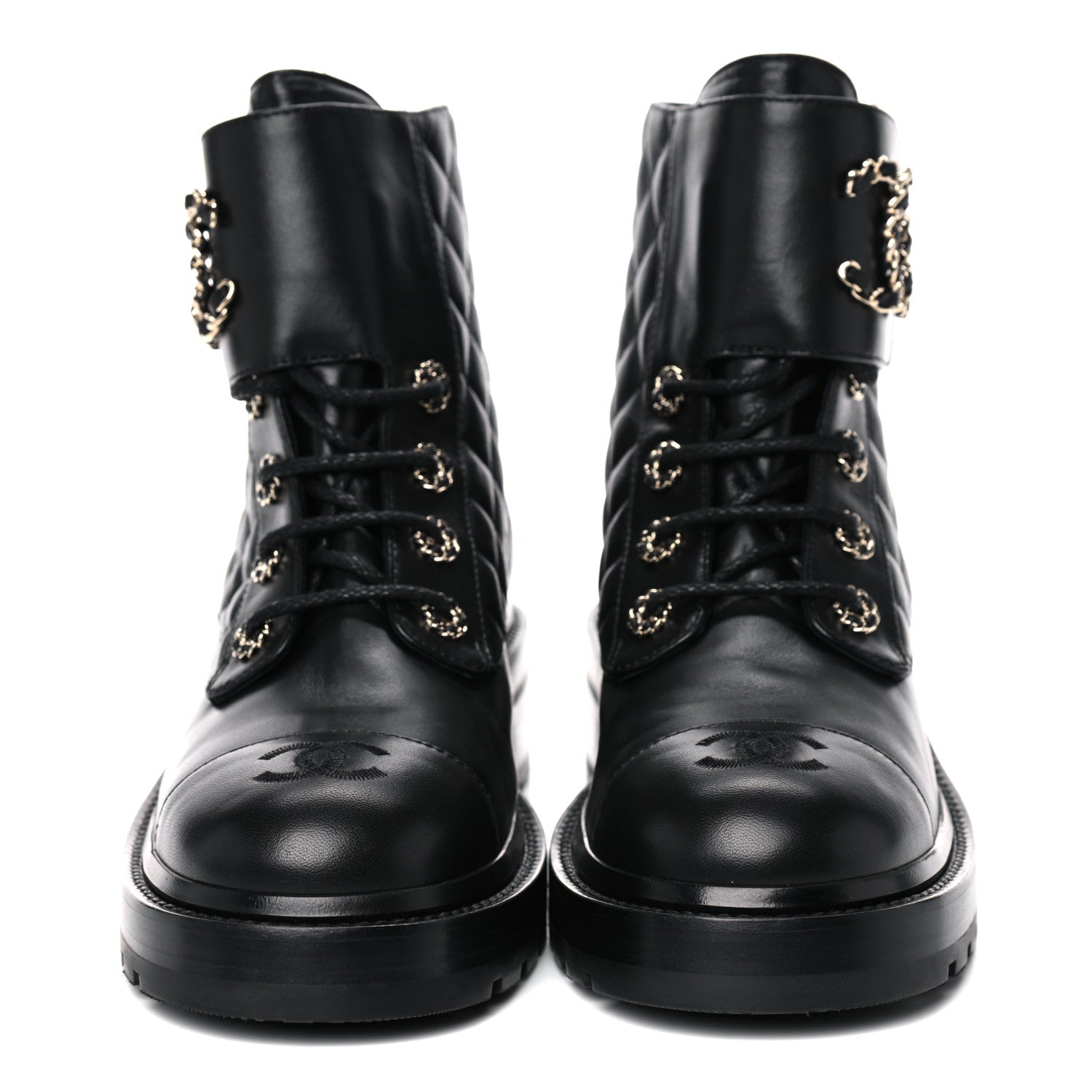 Chanel Shiny Lambskin Quilted Lace Up Combat Boots 39.5 Black 2 of 12