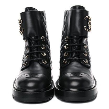 Chanel Shiny Lambskin Quilted Lace Up Combat Boots 39.5 Black 2 of 12
