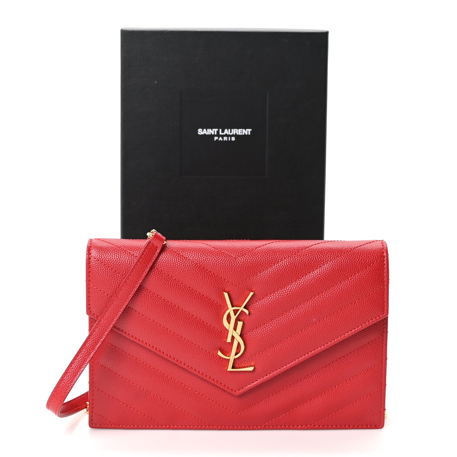 Saint Laurent Grain De Poudre Matelasse Chevron Monogram Envelope Chain Wallet  New Red 12 of 12