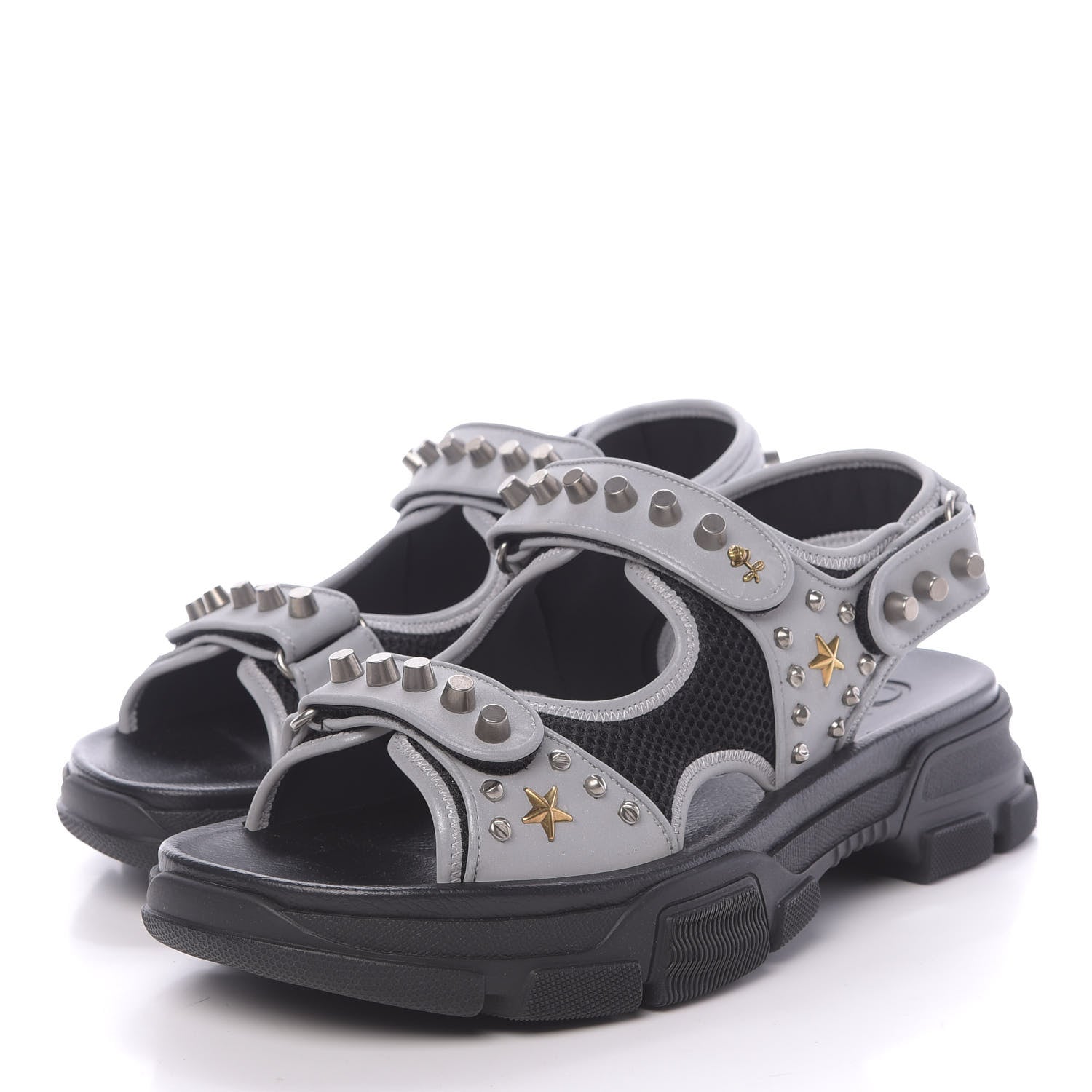 Gucci Technical Canvas Calfskin Reflective Studded Mens Aguru Sandals 11 Silver Black 3 of 8