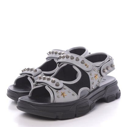 Gucci Technical Canvas Calfskin Reflective Studded Mens Aguru Sandals 11 Silver Black 3 of 8