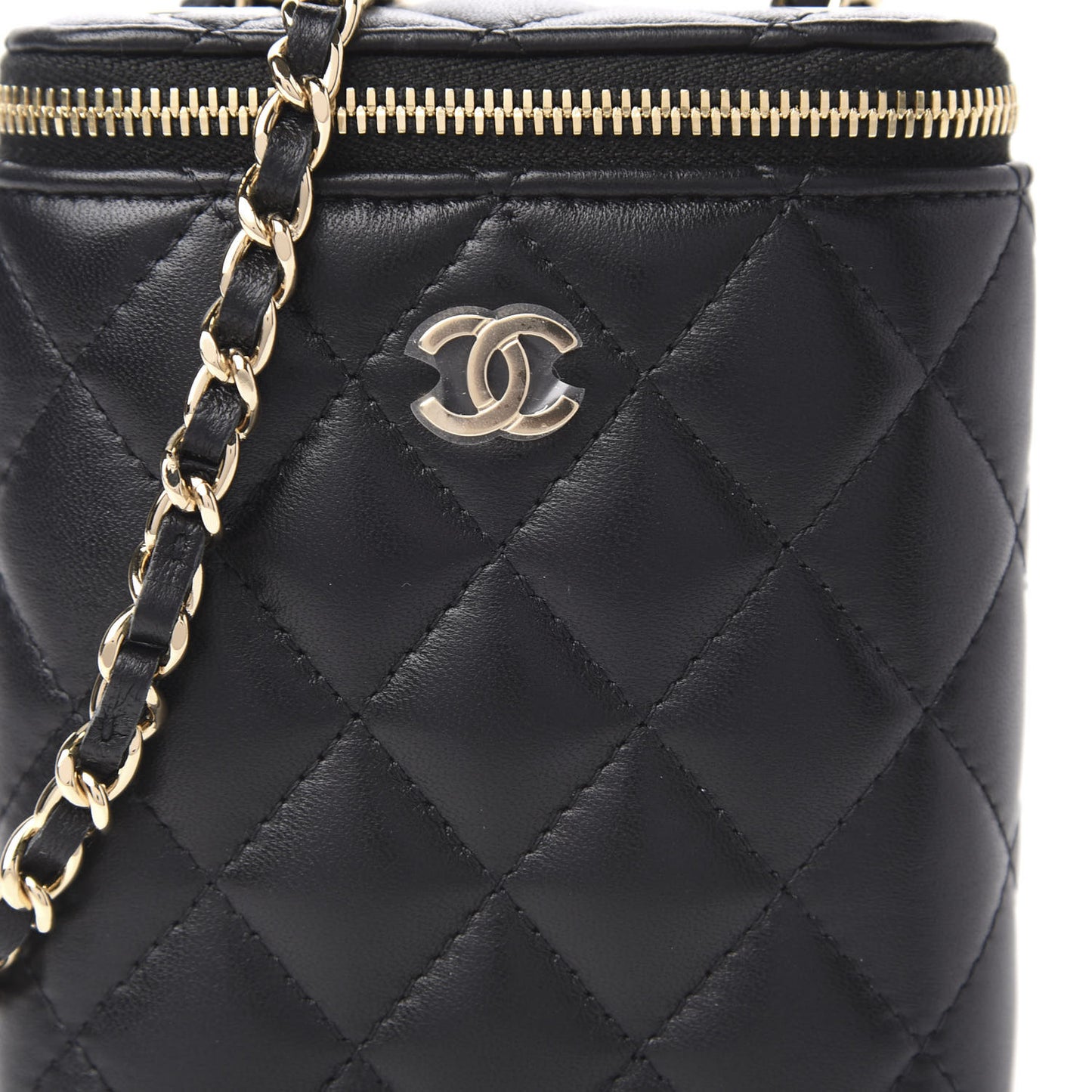 Lambskin Quilted Small Vertical Coco Beauty Vanity Case With Chain Black