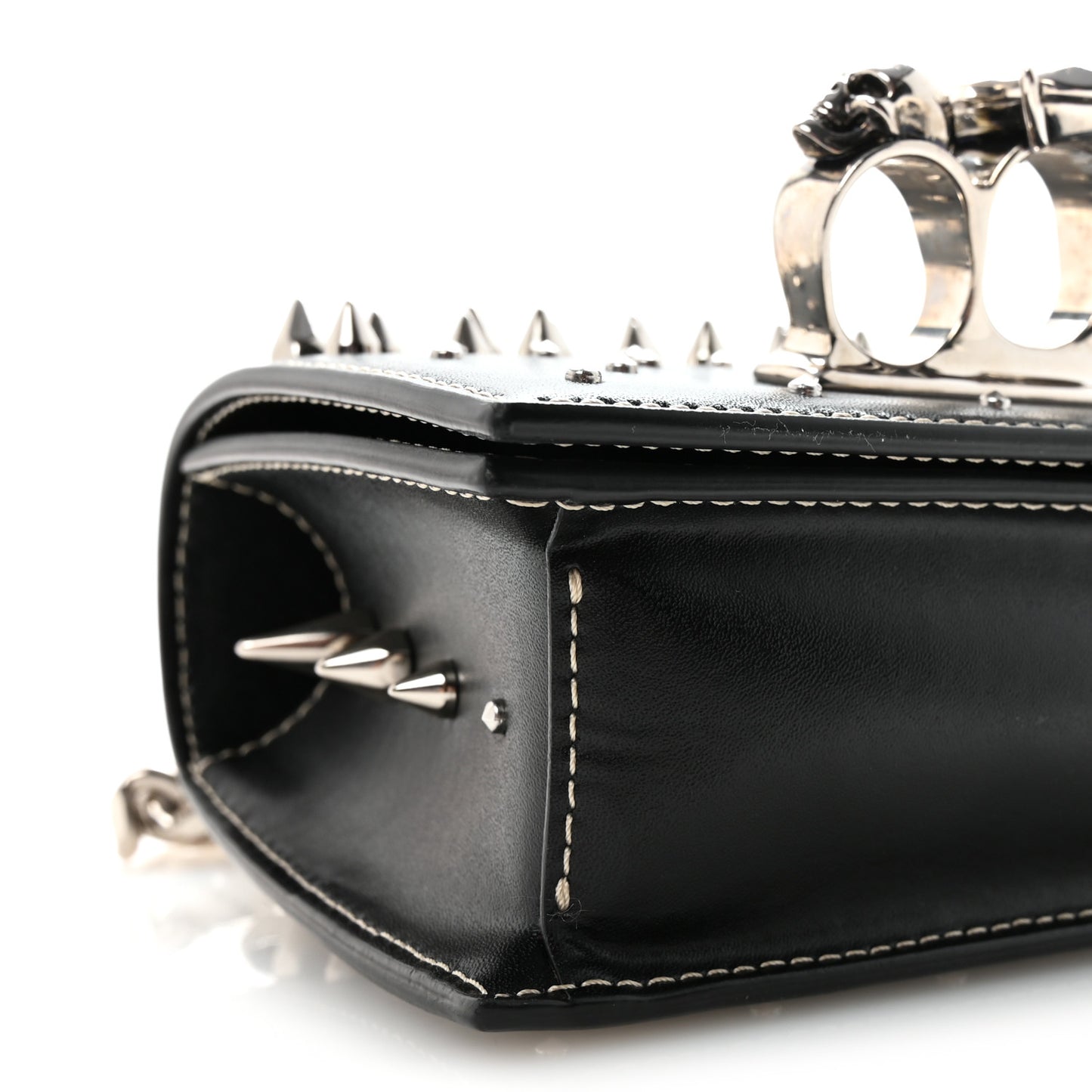 Calfskin Spike Studded Knuckle Satchel Black Silver