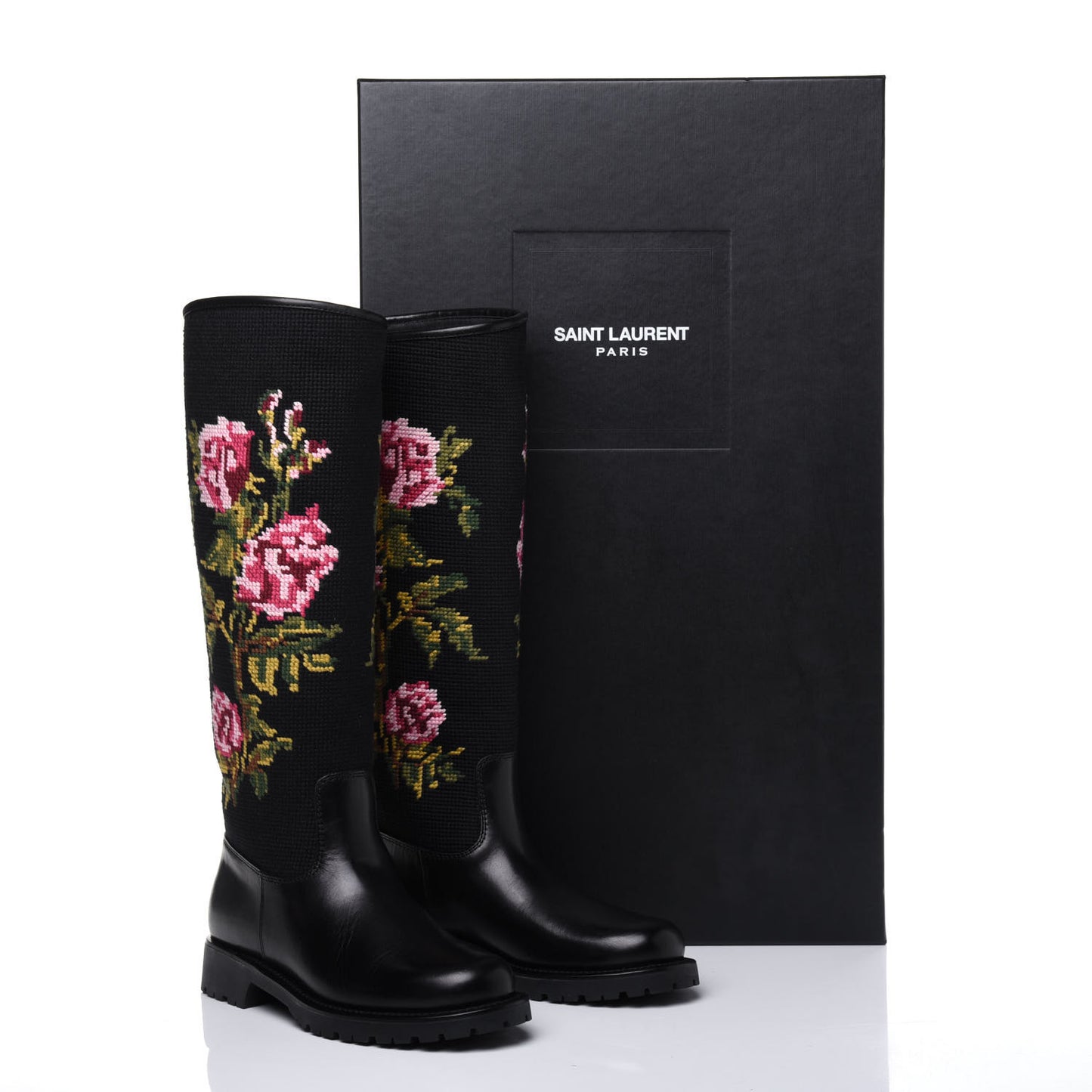 Calfskin Woven Wool Embroidered Knee High Boots 37 Black