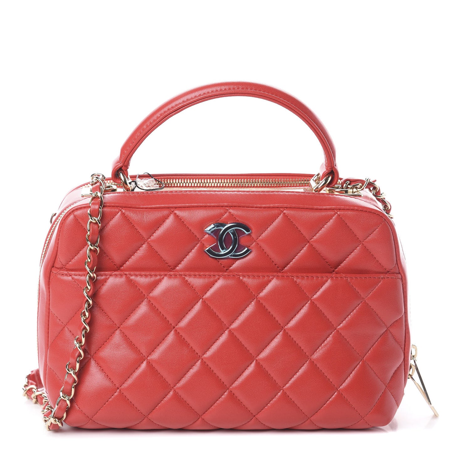 Lambskin Quilted Medium Trendy CC Bowling Bag Red