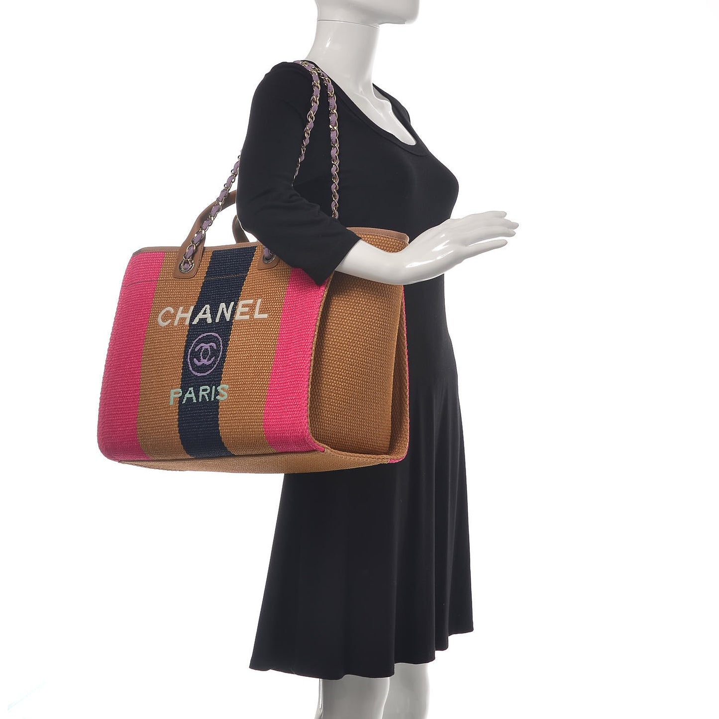 Straw Raffia Calfskin Striped Large Deauville Tote Dark Beige Fuchsia Navy Blue