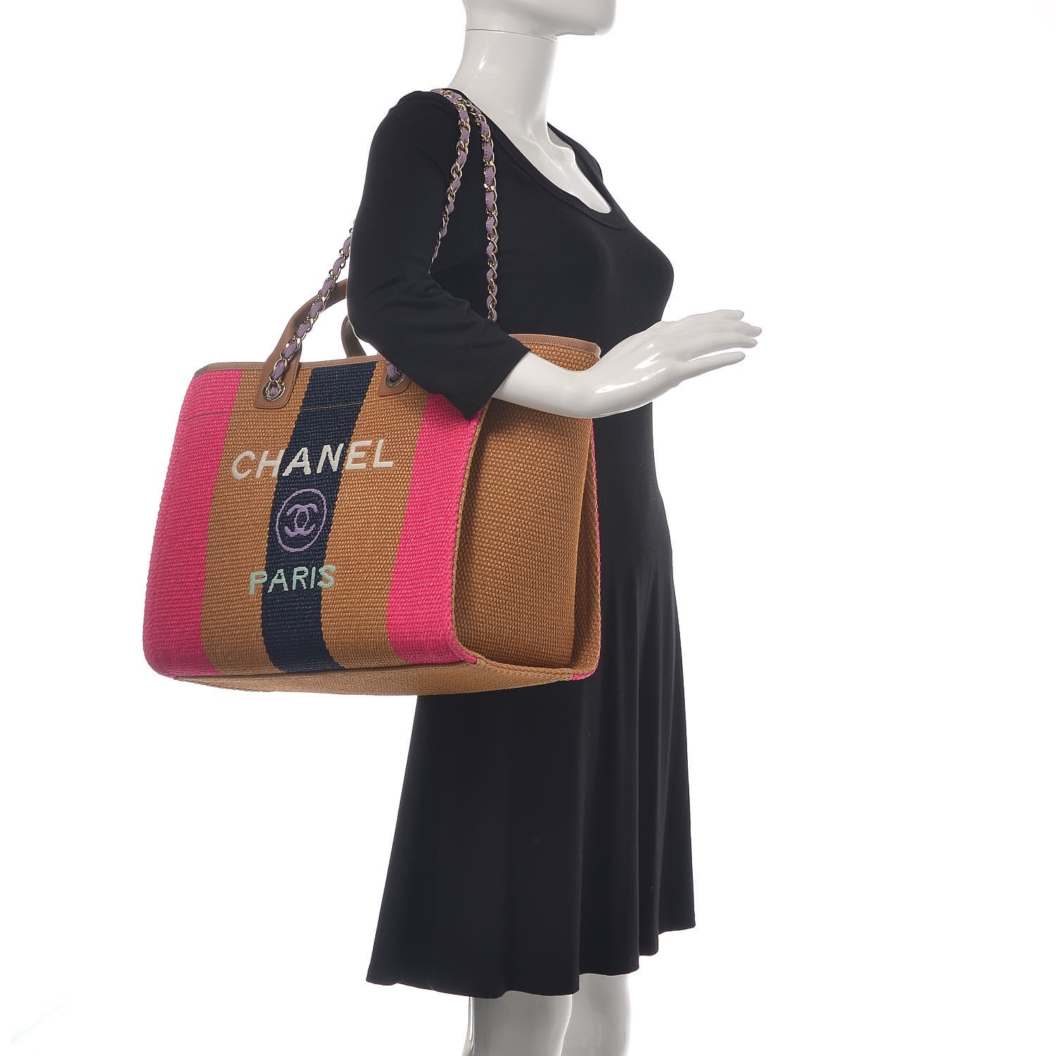 Chanel Straw Raffia Calfskin Striped Large Deauville Tote Dark Beige Fuchsia Navy Blue 2 of 10