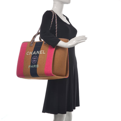 Chanel Straw Raffia Calfskin Striped Large Deauville Tote Dark Beige Fuchsia Navy Blue 2 of 10
