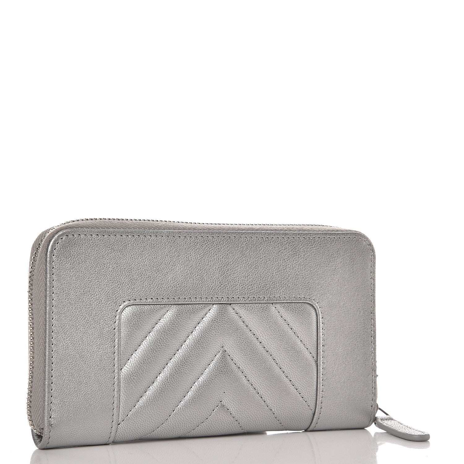 Chanel Metallic Sheepskin Chevron Quilted Medium Mademoiselle Vintage Zip Around Wallet Silver 3 of 9