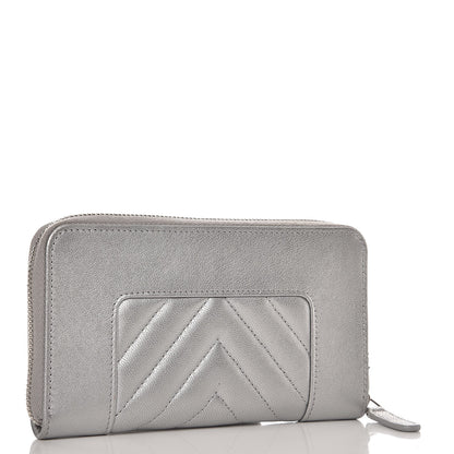 Chanel Metallic Sheepskin Chevron Quilted Medium Mademoiselle Vintage Zip Around Wallet Silver 3 of 9