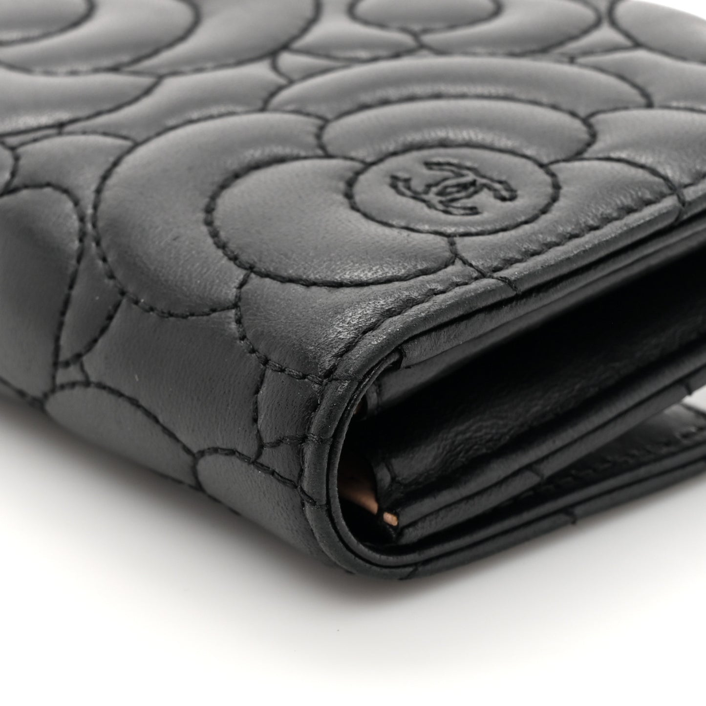 Lambskin Embossed Camellia Flap Wallet Black