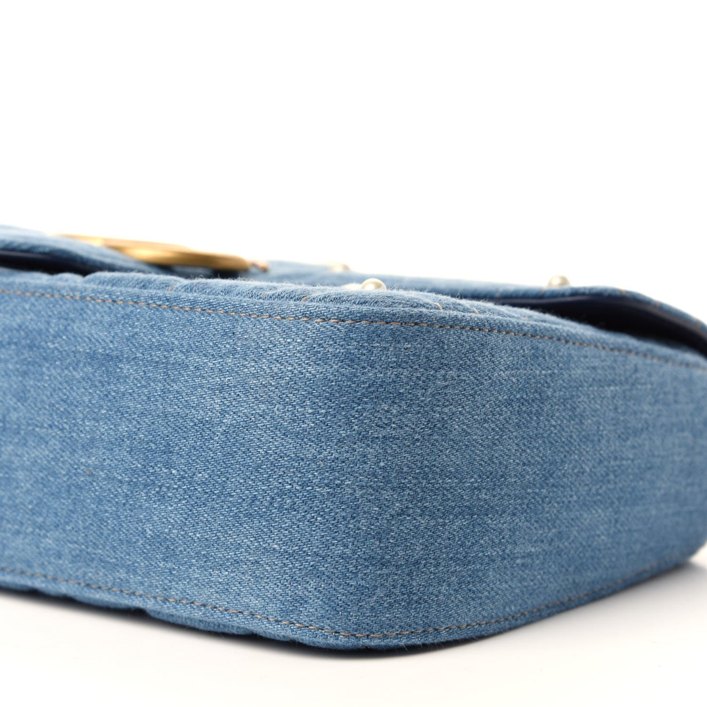 Denim Matelasse Pearl Studded Small GG Marmont Shoulder Bag Blue