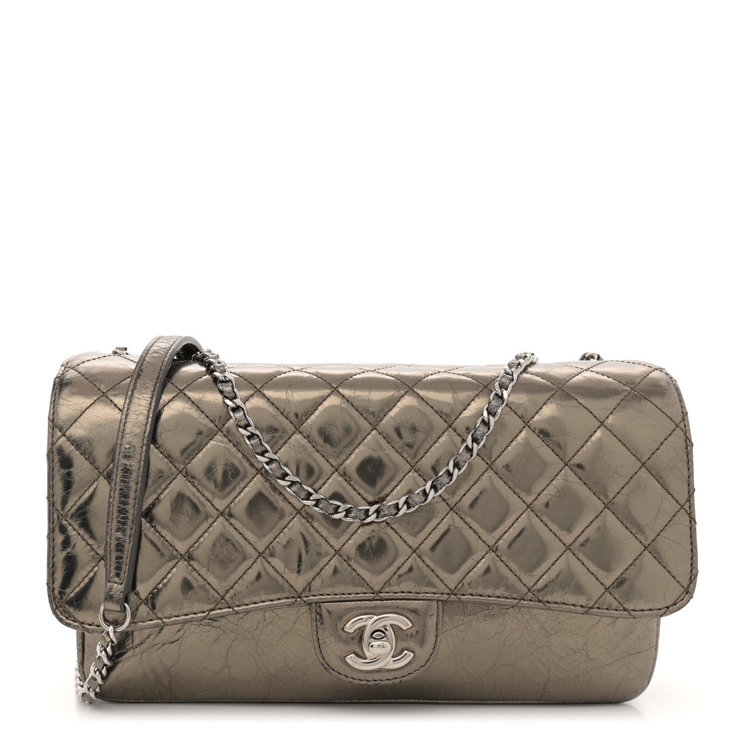 Chanel Metallic Crackled Calfskin Quilted Jumbo Clams Pocket Flap Dark Silver 1 of 11