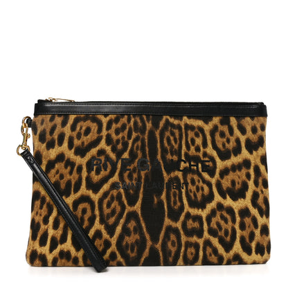 Saint Laurent Canvas Leopard Print Rive Gauche Zipped Pouch Natural Black 1 of 8